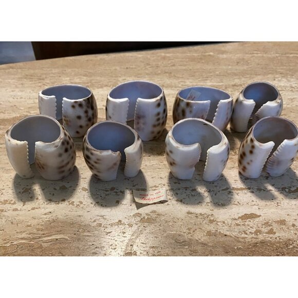 Set Of 8 Vintage Shell Napkin Rings Spotted Design Handmade In The Philippines - Picture 3 of 7
